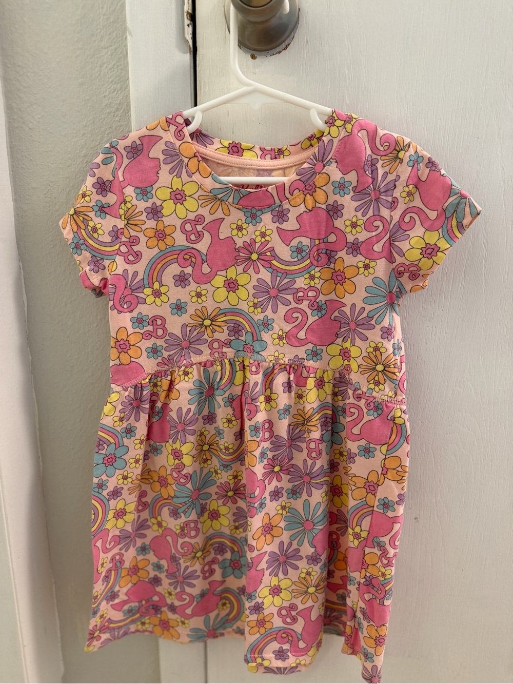 Barbie Girls' Pink Floral & Rainbow Short Sleeve Dress